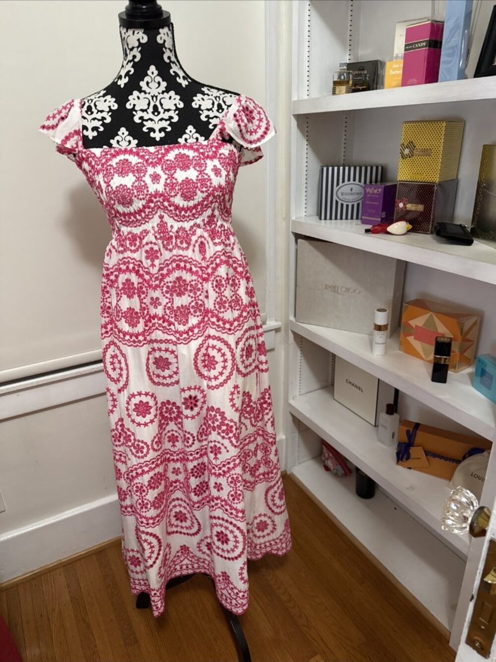 Chelsea28 Pink Eyelet Midi Floral Ruffle Dress in Pink and white lined Small